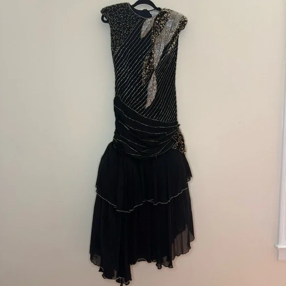 Authentic Vintage 20s Flapper 100% Silk Beaded Gold Black Flower Appliqué Dress